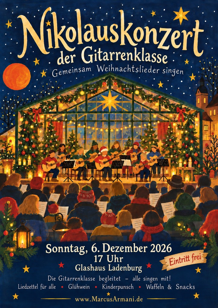 Plakat zum Nikolauskonzert der Gitarrenklasse am 6. Dezember 2026 im Glashaus Ladenburg